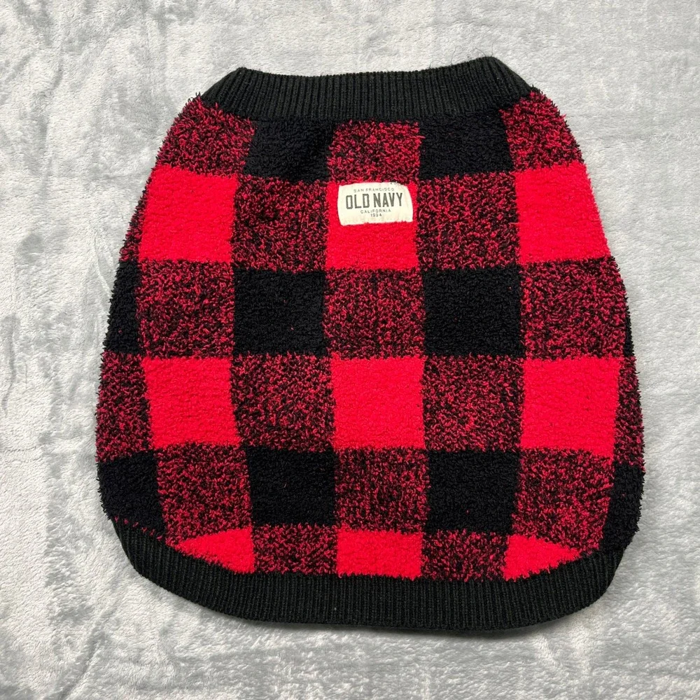 Old Navy Pet Sweater Large Red Black Buffalo Plaid Popcorn Knit Leash Hole‎